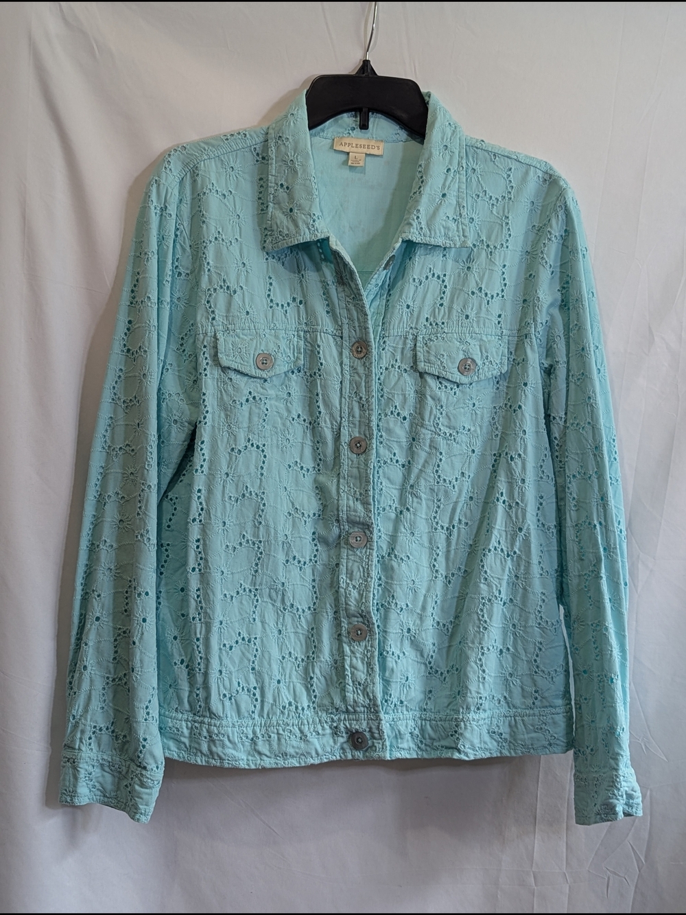 Appleseed's Turquoise Cotton Eyelet Embroidered Jacket Button Front L